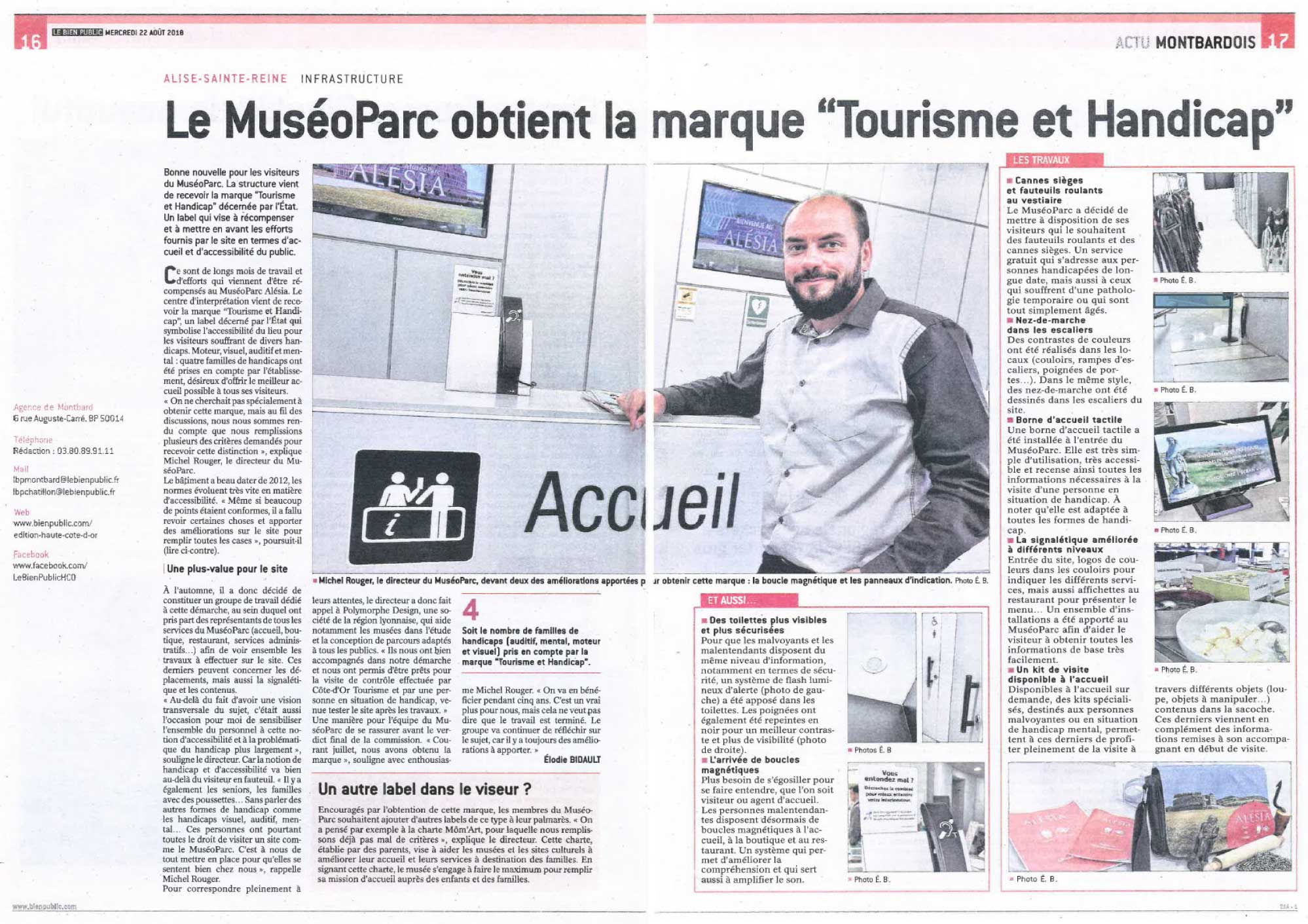 Article bien-public du 22 aout 2018 : La Mus&eacute;oParc obtient la marque Tourisme et handicap